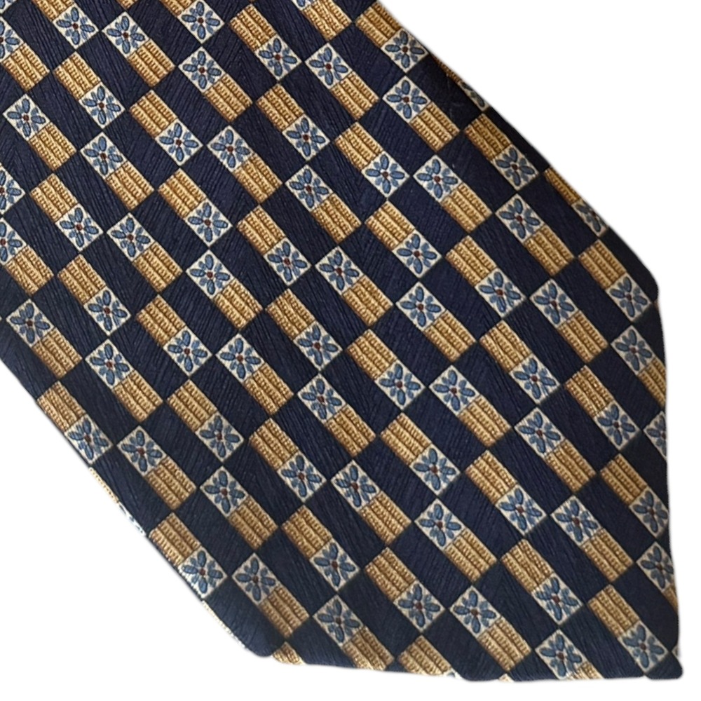 Chaps Ralph Lauren Silk Tie Navy Gold Floral Geometric Checkerboard Mens Necktie